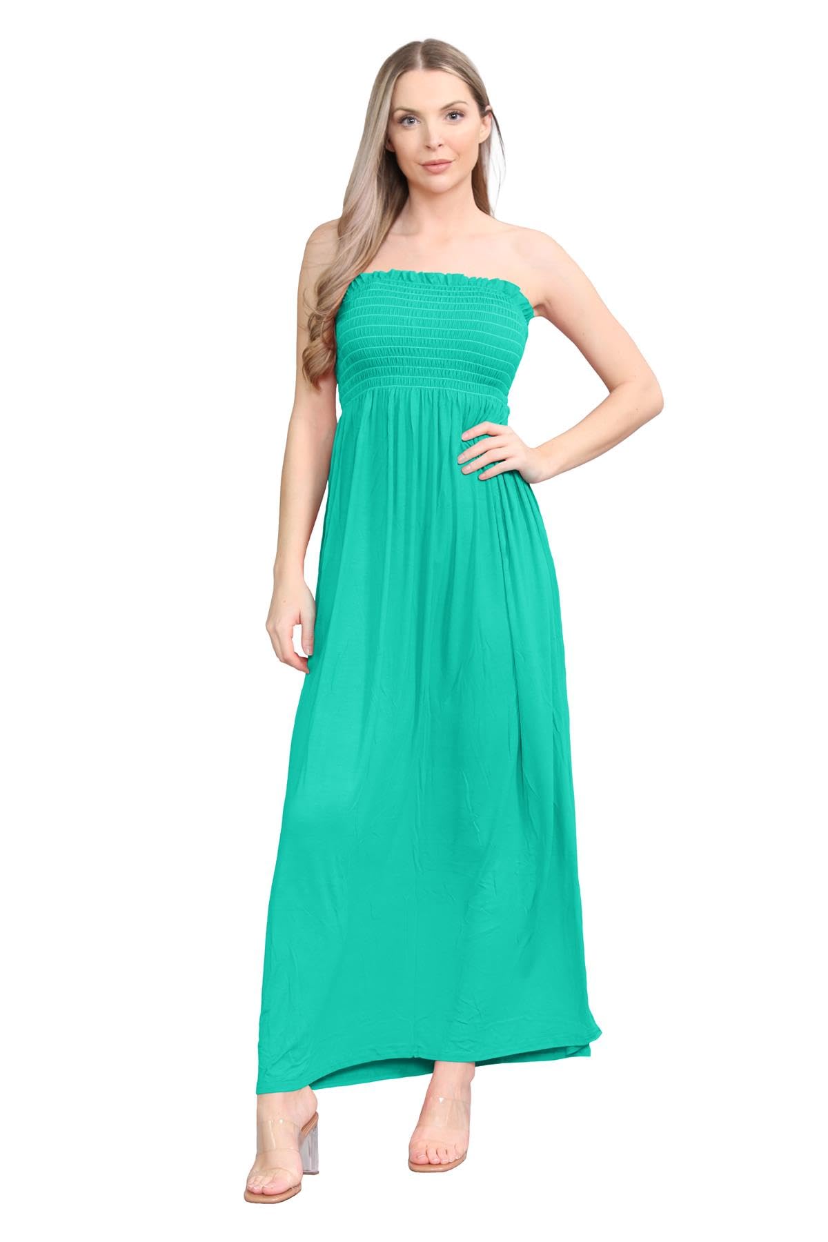 Hamishkane® Einfarbiges Maxikleid für Damen, trägerloses Bandeau-Kleid, durchscheinendes gerafftes Boobtube-Kleid, Freizeitkleid, lange Sommerkleider für Damen, jadegrün, 42/44