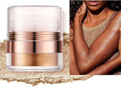 Body Highlighter Powder with Applicator, Body Shimmer Powder Face Glitter Glow Face Highlighter Body Illuminator Body Shimmer Powder with Sponge for Cheek Face Legs02#