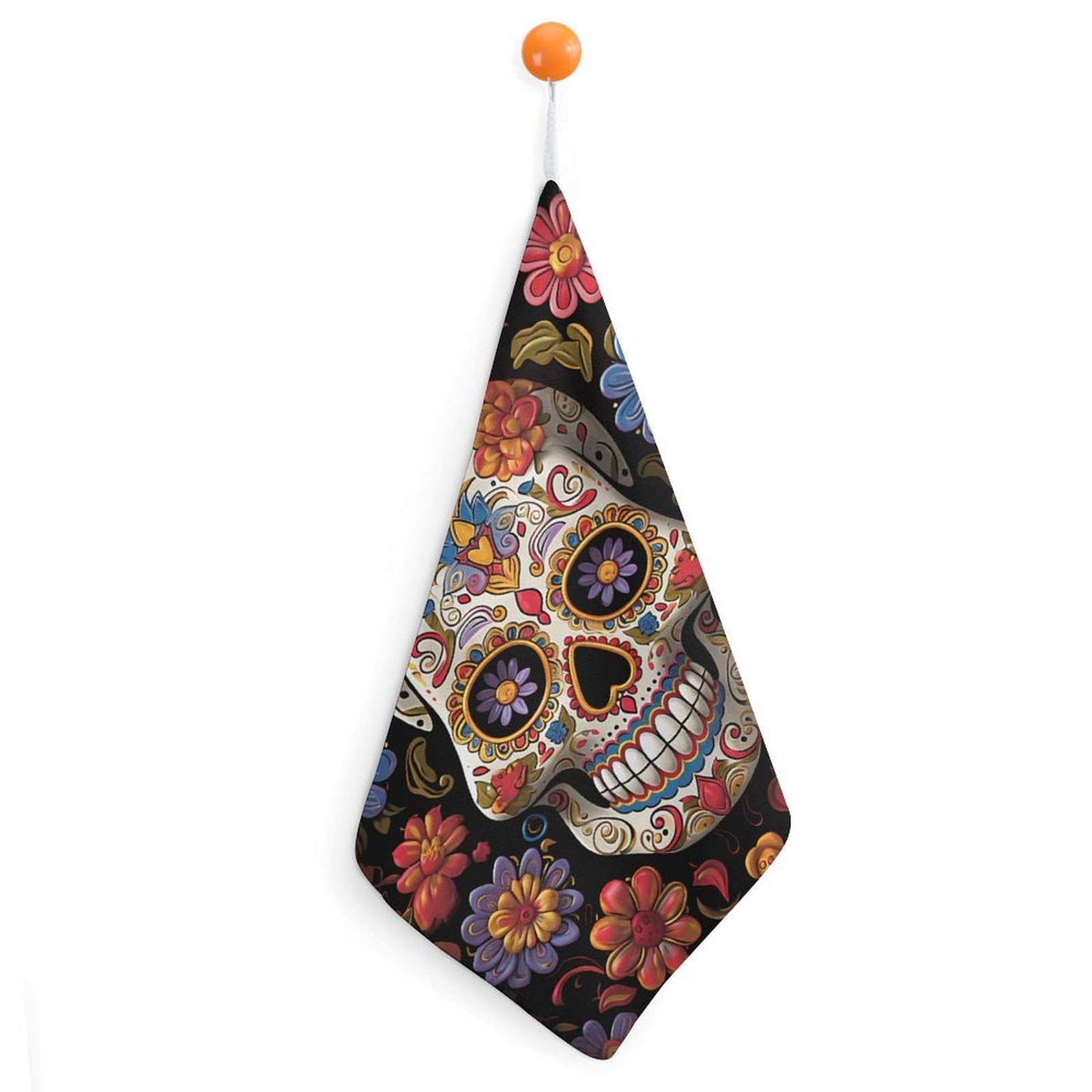 VstaDank Sugar Skulls Washcloth with Hanging Loop Quick Dry Microfiber Hand Towel Highly Absorbent Wash Cloth Reusable Makeup Remover Cloth Soft Feel Fingertip Towel for Bathroom