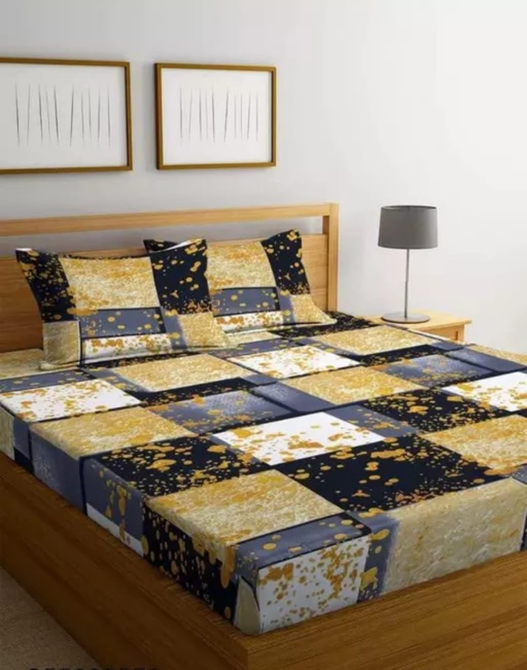 Cotton Feel Glace Cotton Elastic Fitted Printed King Size Double Bed Bedsheet with 2 Pillow Covers and Fits Upto 8 inches Mattress, Size- 72"x78" Saffro 2091