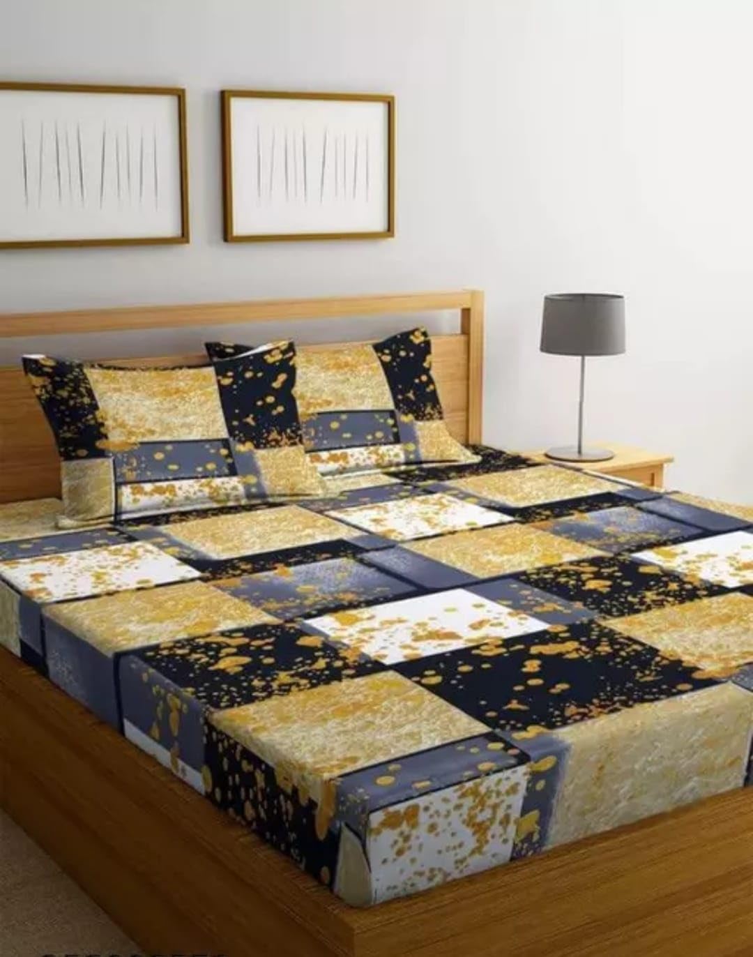 Geeta Homes Cotton Feel Glace Cotton Elastic Fitted Printed King Size Double Bed Bedsheet with 2 Pillow Covers and Fits Upto 8 inches Mattress, Size- 72"x78" Saffro 3600