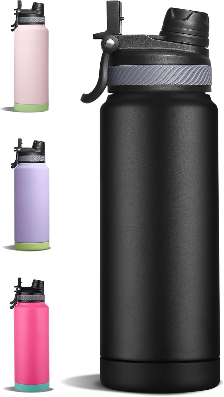 Vaso de doble pared con aislamiento al vacío, botella de agua de acero inoxidable con doble boquilla para bebidas calientes y frías, sin BPA, a