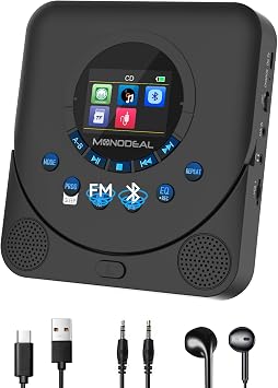 MONODEAL CD Player Portable with Speakers | Rechargeable Player for car, Support TF Card, FM Receiver and Transmitter with Sleep Timer, Colorful TFT Screen