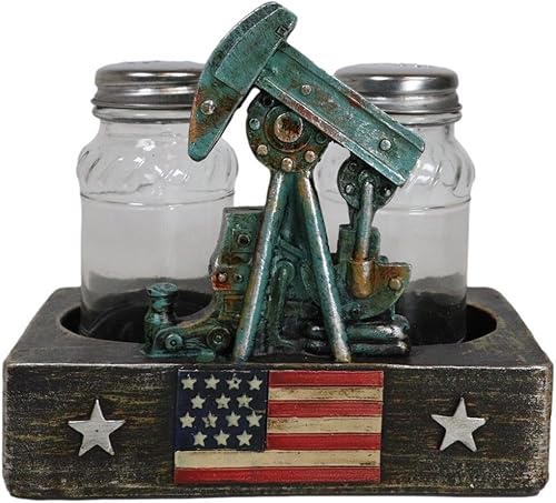 Ebros Gift 4.25 pulgadas de alto rústico vintage aceite antiguo bomba Derrick Rig con estrellas occidentales y bandera de Estados Unidos vidrio sal