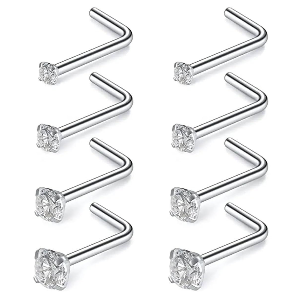 MQLSAERI 8 Piezas pendientes de nariz de plata de ley de 22 g para mujer en forma de L con circonita cúbica piercing de nariz joyería piercing de nariz, circonita cúbica, 1,5 mm, 2 mm, 2,5 mm, 3 mm