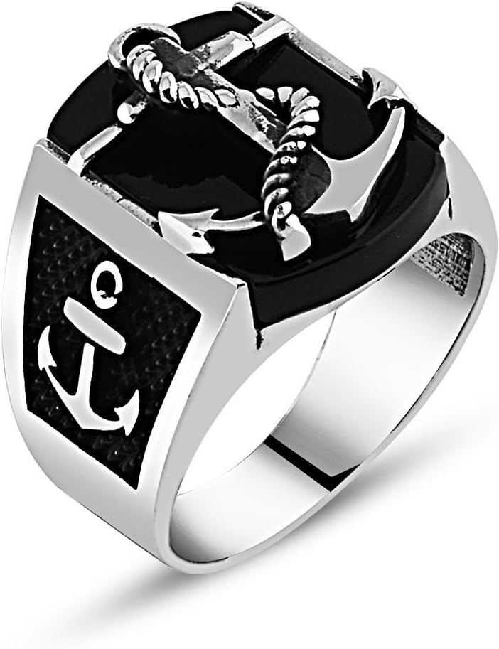 argunjewelleryTurkish Jewelry Anchor Motif Onyx Stone 925K Sterling Silver Men's Ring