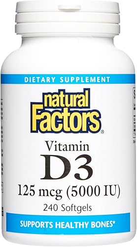 Natural Factors Vitamina D3 5000 UI 125 mcg apoya huesos fuertes músculos y función inmune 240 cápsulas blandas