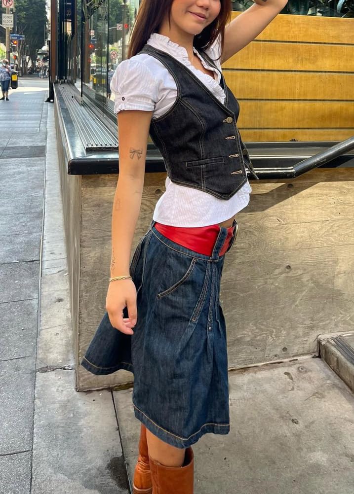 ORANDESIGNE Donna Vintage Y2K Gilet Slim Fit Button Down Scollo a V Senza Maniche Gilet Casual retrò Gotico Punk Streetwear