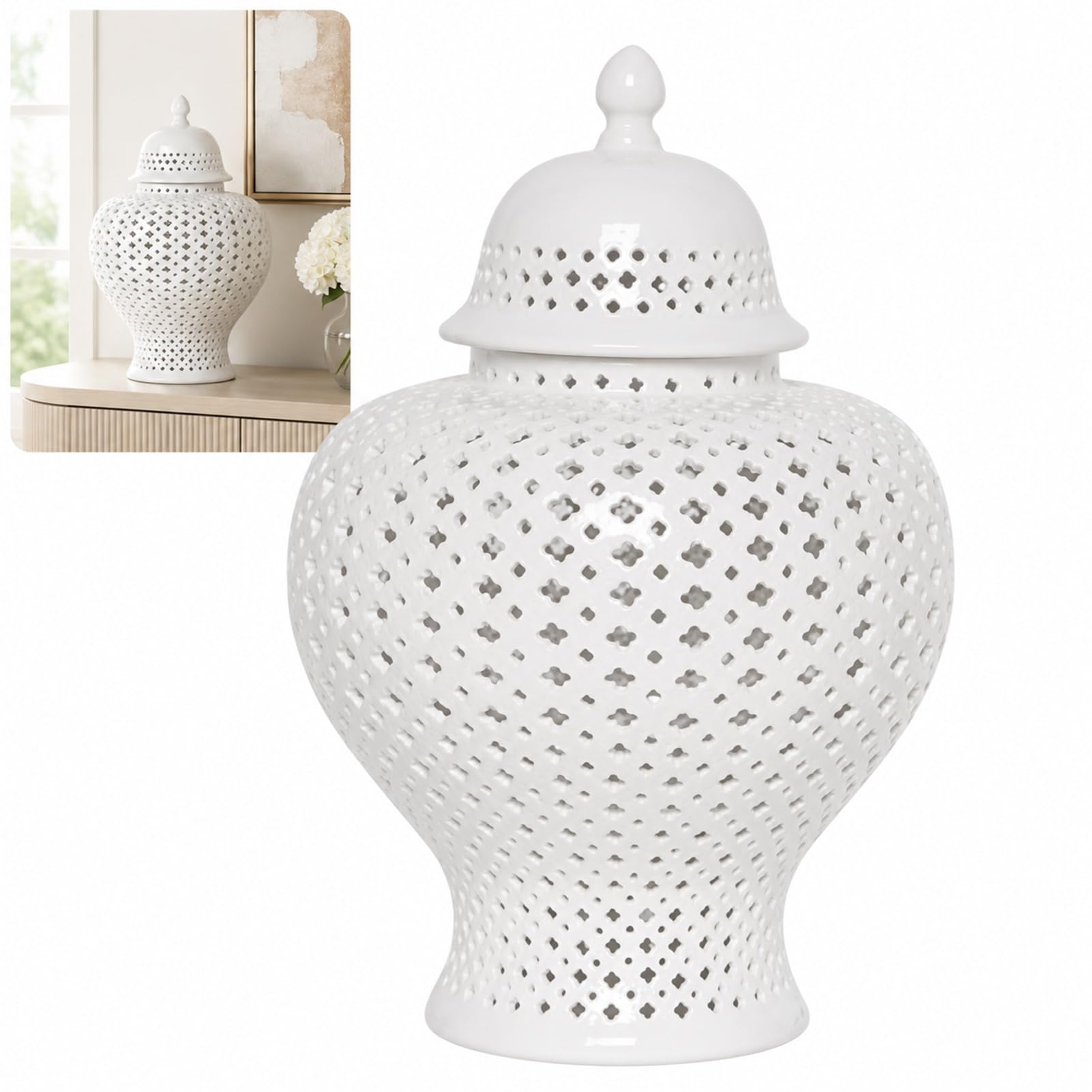 Carved Lattice Ginger Jar Vase For Home Decor Ceramic Temple Chinoiserie Decorative Jars (white,27 * 16cm)