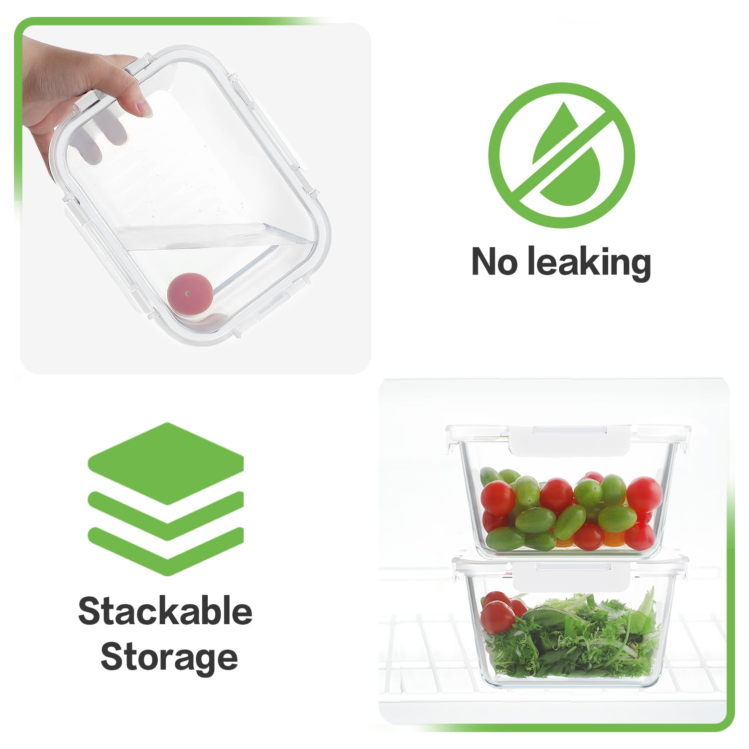 HOMBERKING Paquete de 2 recipientes grandes de vidrio para almacenamiento de alimentos, preparación de comidas, cajas bento herméticas con tapas de bloqueo a prueba de fugas, para microondas, horno,