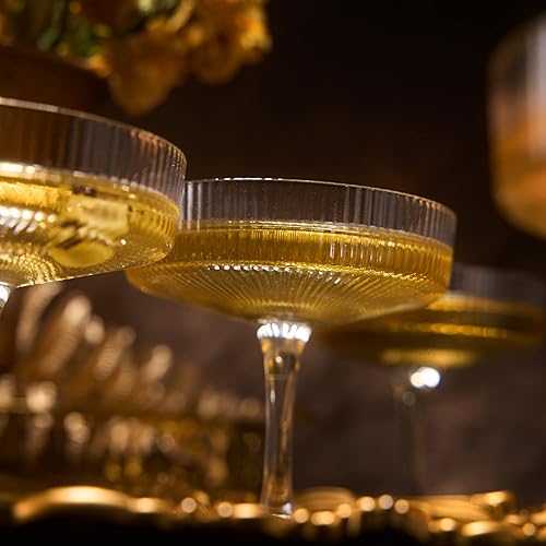 Miniatura 7 de Khen Copé Art Deco vintage acanalado de cristal  8 onzas  Juego de 12 vasos de cristal  bodas y fiestas, torre de champán, artículos esenciales de