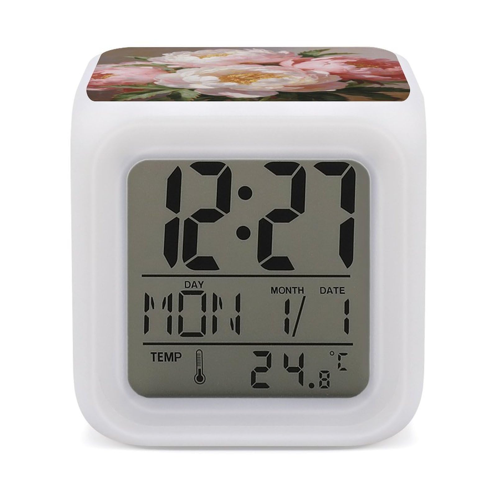 LZQPOEAS Peony Alarm Clock with 7 Color Changing Nightlight for Bedroom Calendar Temperature Display Wake Up Digital Clock Small Desk Clocks for Heavy Sleepers Adults