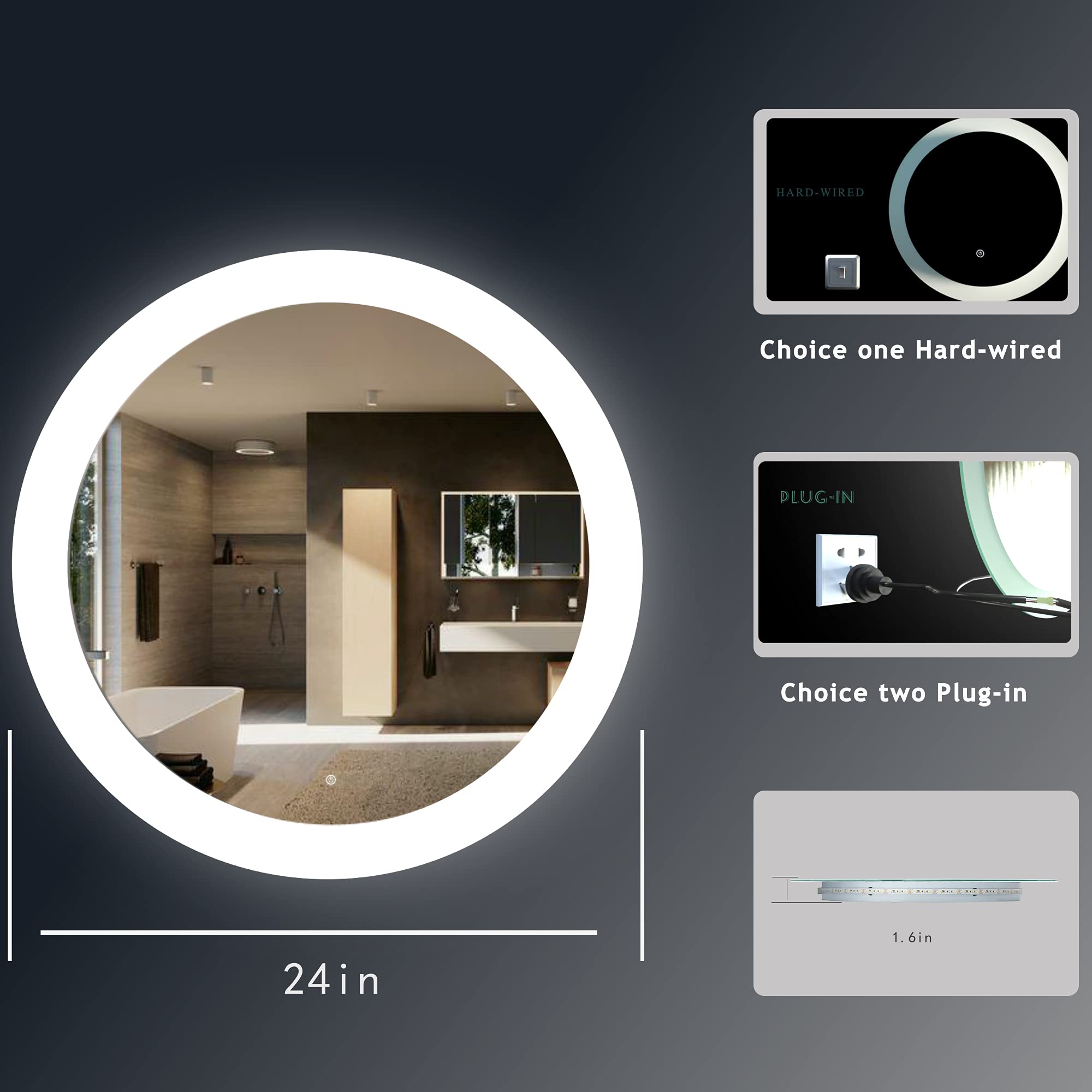 MIRPLUS 24 Inch Round LED Mirror Bathroom Mirror with Lights AntiFog Dimmable 3000K6000K