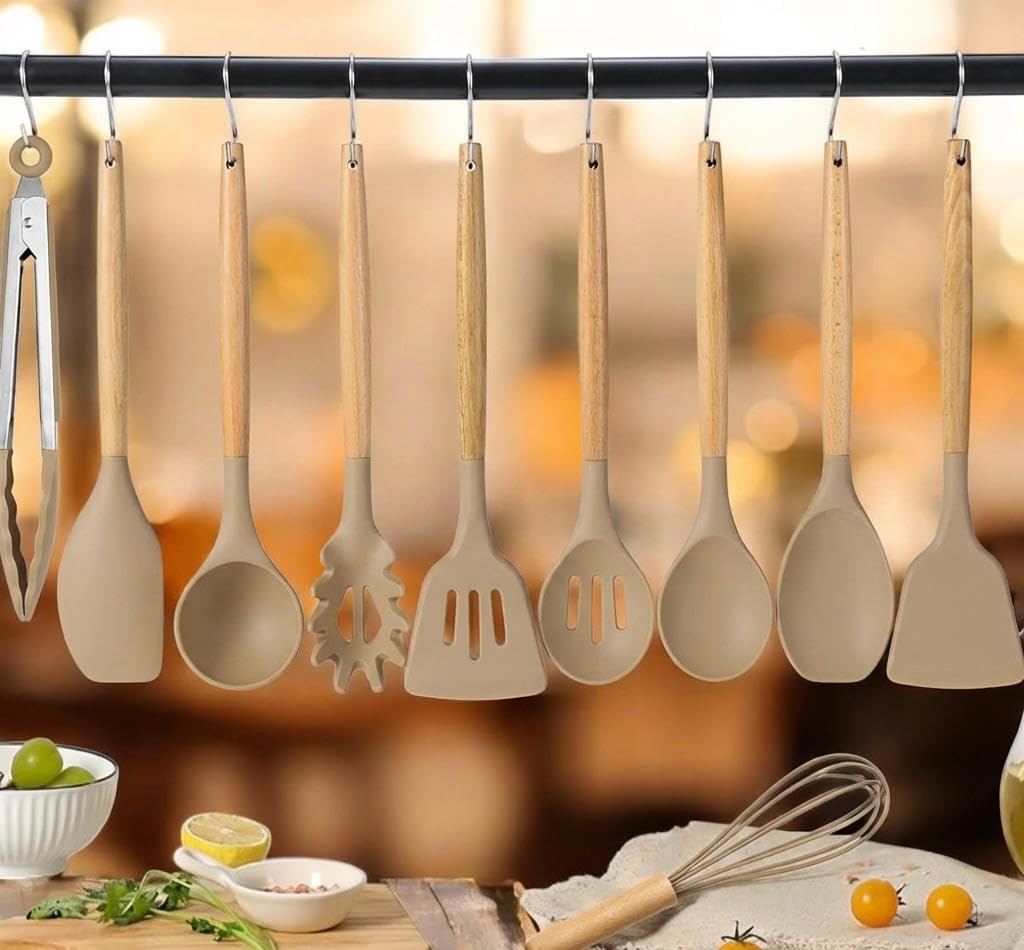 AHASON'S Set di utensili da cucina in silicone resistenti al calore 230°C-230°C, pinze per tornitore, cucchiaio, spatola, pennello, frusta con supporto, utensili da cucina, set di strumenti per