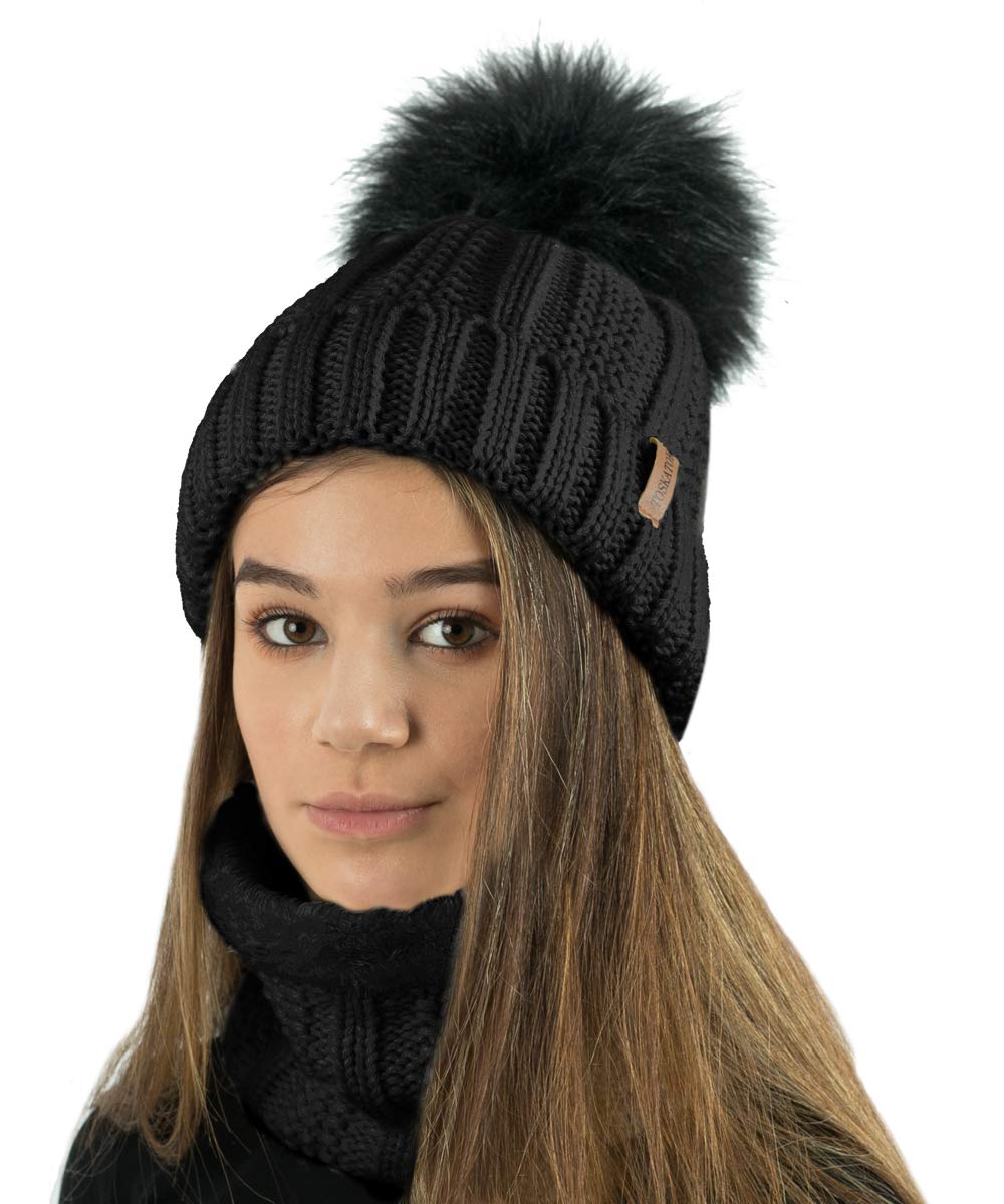 Toskatok Women's Black Set Winter Rib Seed Stitch Beanie Bobble Hat With Warm Cosy Fleece Liner & Large Faux Fur Pom Pom