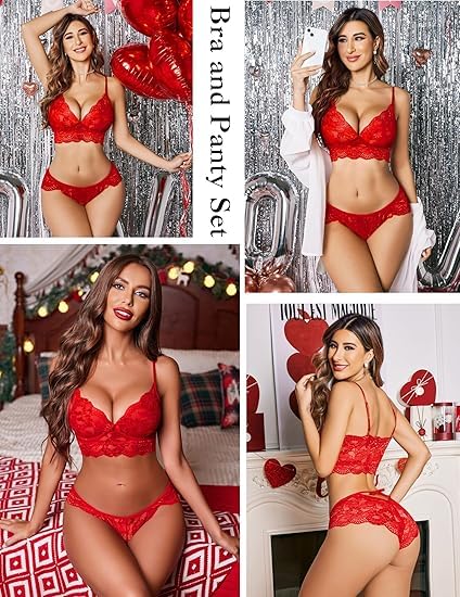 Image of LOURYN KOULYN Women's Lace Lingerie Bra and Panty Set Strappy Babydoll Bodysuit