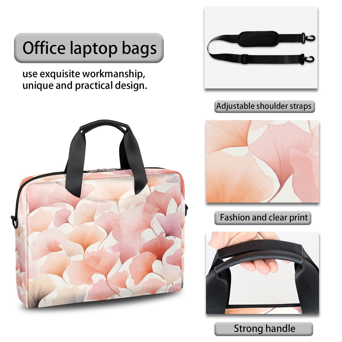 Borsa per computer portatile 15.6 16 pollici rosa foglie di ginkgo custodia per laptop impermeabile borsa a tracolla per donne uomini, Nero