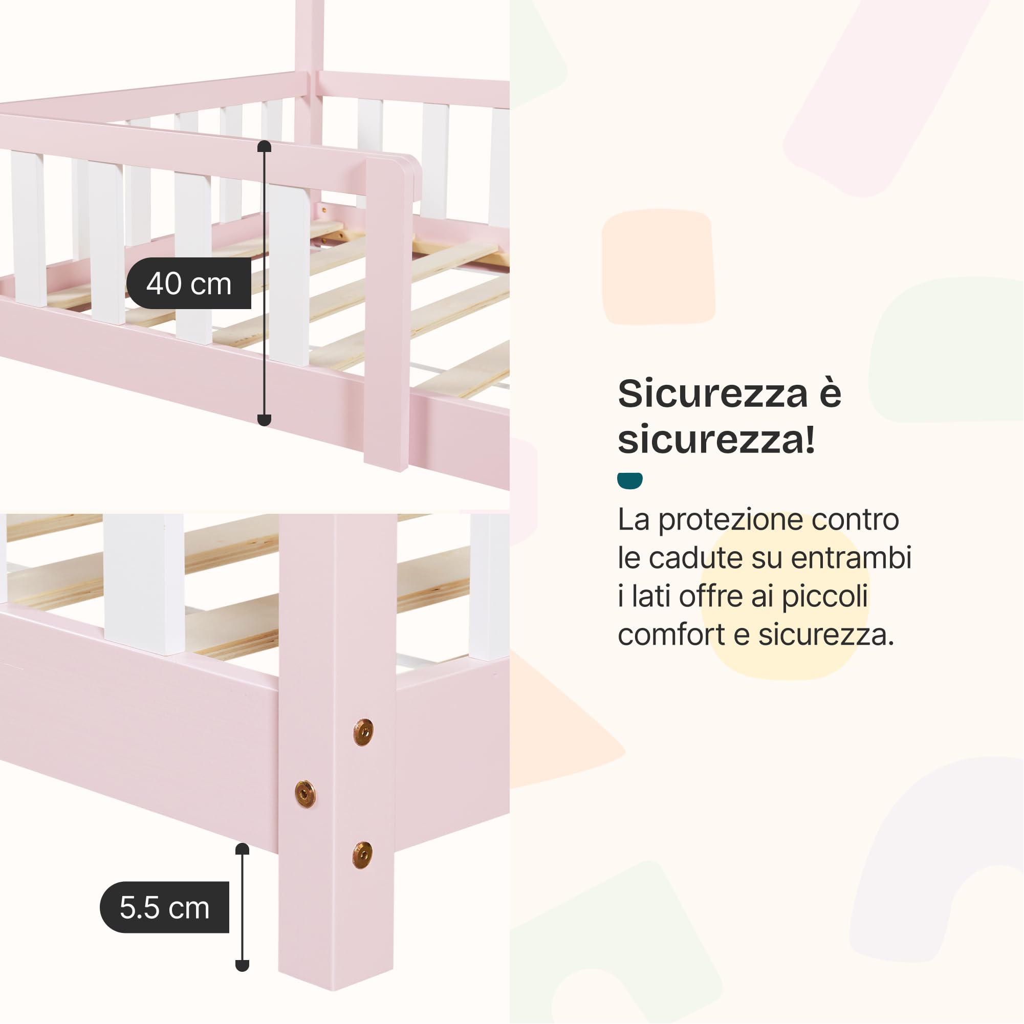 Letto A Casetta Per Bambini 90x200 Cm In Legno Di Pino – Con Tetto In Tessuto, 2 Cassetti E Scaletta Di Sicurezza