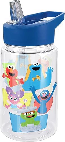 LOGOVISION Sesame Street - Botella de agua de plástico Tritan para niños con tapa con popote y asa, vaso reutilizable para niños pequeños, unisex,