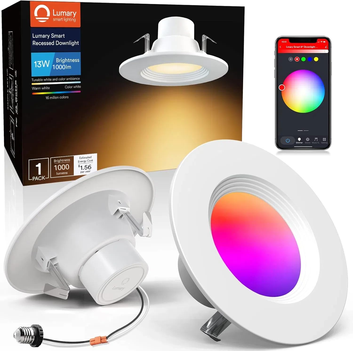 Lumary Smart LED WiFi Can Lights 5/6 Inch, Recessed Lights 13W 1000LM RGB Color Changing Lighting Retrofit, Baffle Trim Downlights Compatible with Alexa/Google Assistant