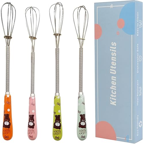 Verdental Small Whisks 7 inches Stainless Steel Handle Mini Tiny Mixing Balloon Wire Whisks Ceramic Matcha Tea Whisk (4 Pieces)