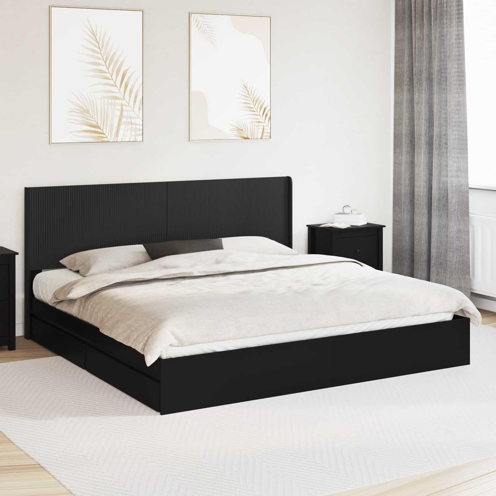 Rama de cama con almacenamiento y cabecero Negro 200 x 200 cm estructura de cama moderna con compartimentos de almacenamiento integrados para dormitorio, marco de madera montaje, uso interior