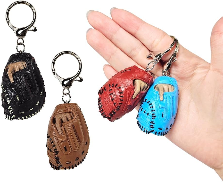 Baseball Keychain Set - Durable 4 Catcher Glove Miniature Charm Keyring Decoration Tags for Bags Gift Souvernir for Players Coaches Teams Sports Fans Lovers Enthusiasts Pendant