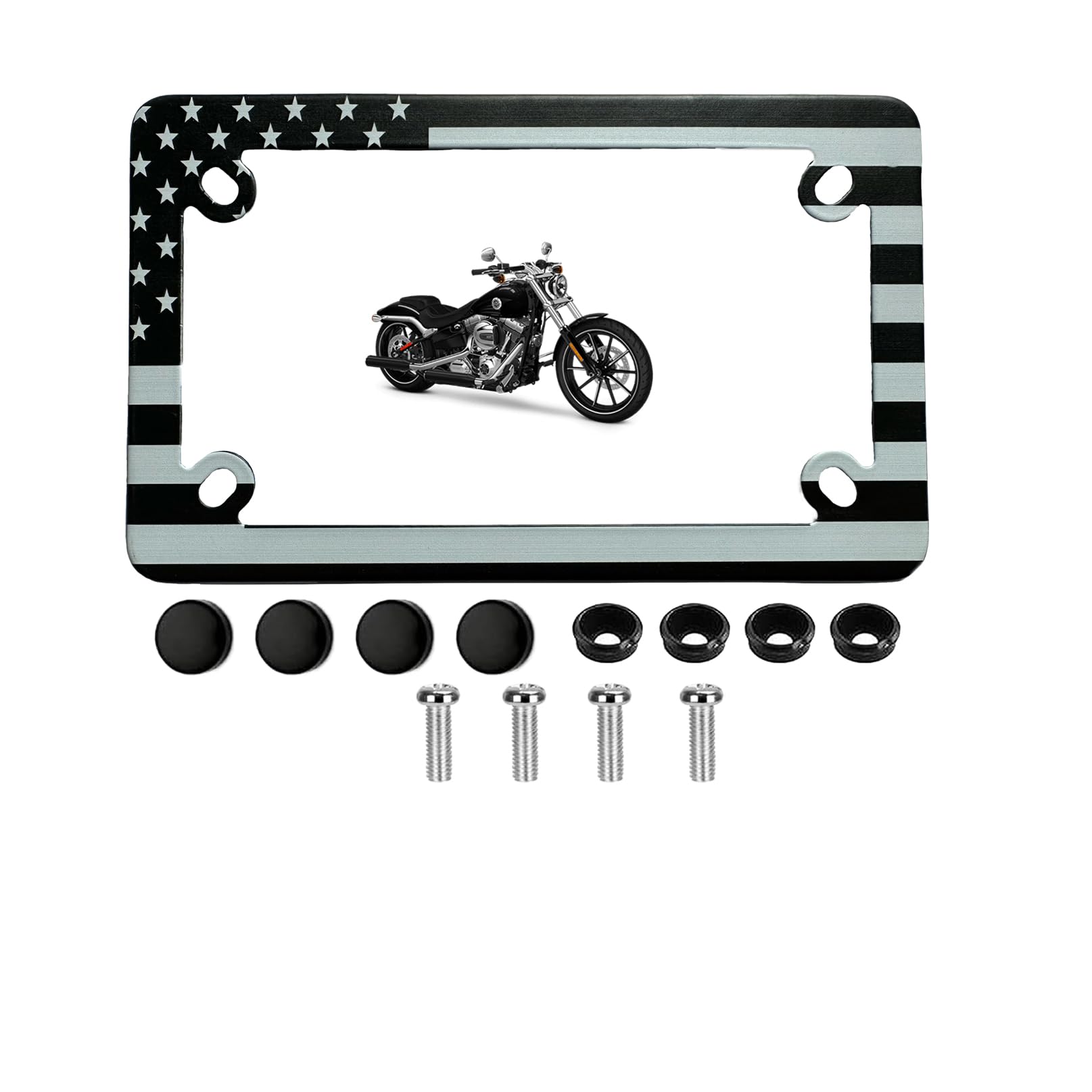 FOTN FTON American Flag Stainless Steel Motorcycle License Plate Frame Compatible with Harley,Yamaha - Timeproof Motorcycle Tag Frame (Black &amp; White)