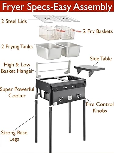 Miniatura 4 de Freidora de Propano de Dos Tanques - Cocina de Acero Inoxidable de 2 Cestas - Freír PescadoPollo al Aire Libre - Capacidad de Aceite de 4 Galones -