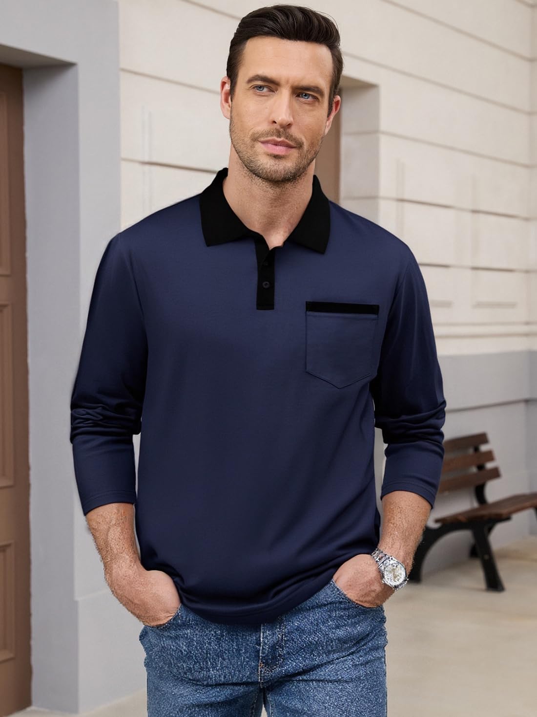 Men's Casual Long Sleeve Polo Shirts Cotton Polos T Shirt Classic Button Collared Golf Shirt with Pocket Navy S - Image 3