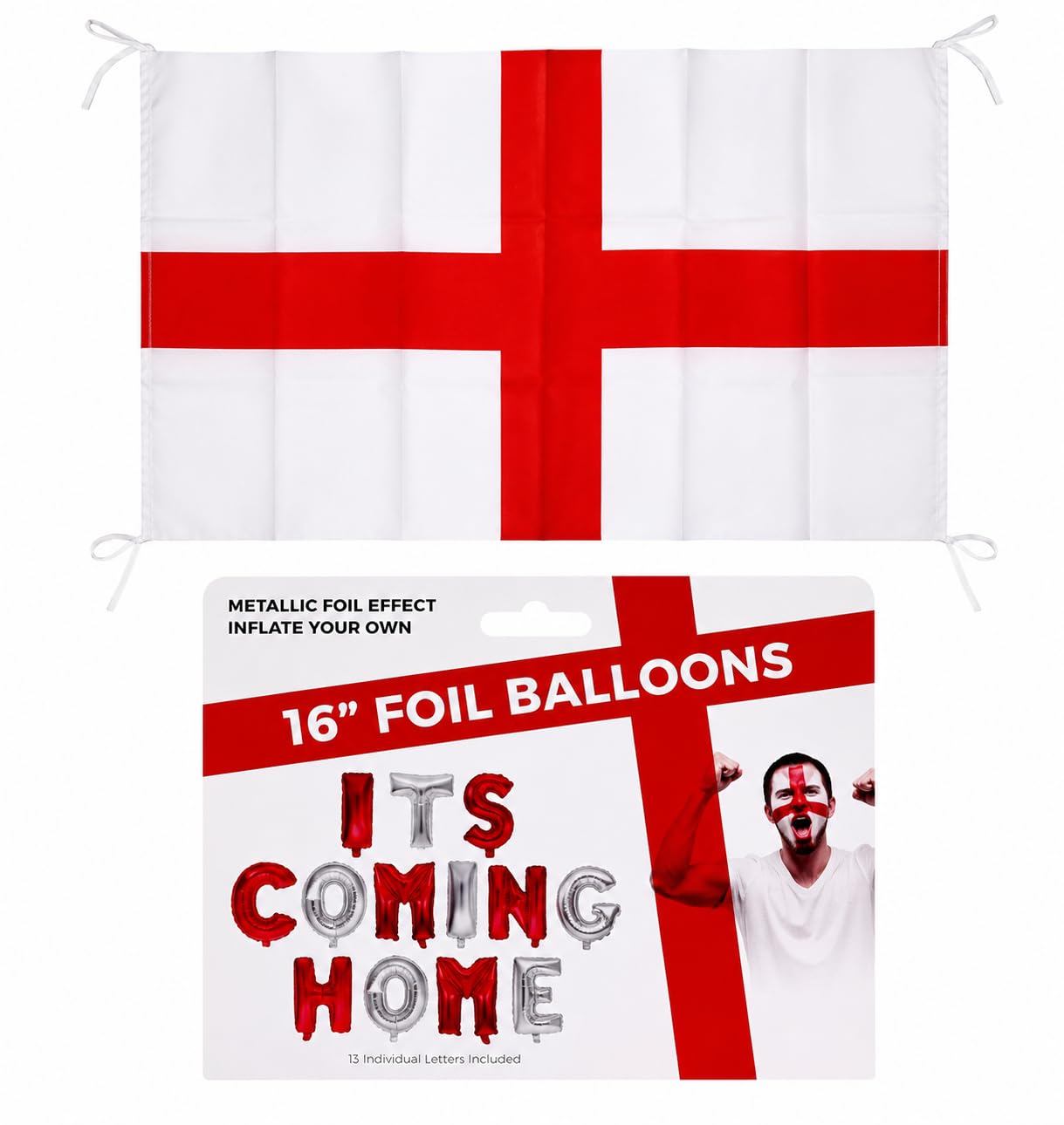 England St George Football Decorations - World Cup 2026 St George England Flag with String 76cm x 50cm PLUS 16” ‘It’s Coming Home’ Foil Balloon - 13 Individual Letters