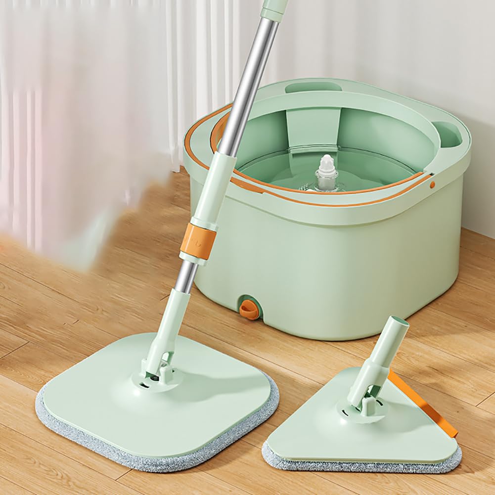 Juego de Cubo para fregona doméstico Manos Libres con Juego de escurridor y 6 repuestos de fregona de Microfibra, Mango de Metal de 135 cm, Sistema de Cubo Giratorio de 360°, diseño Dividido de Doble