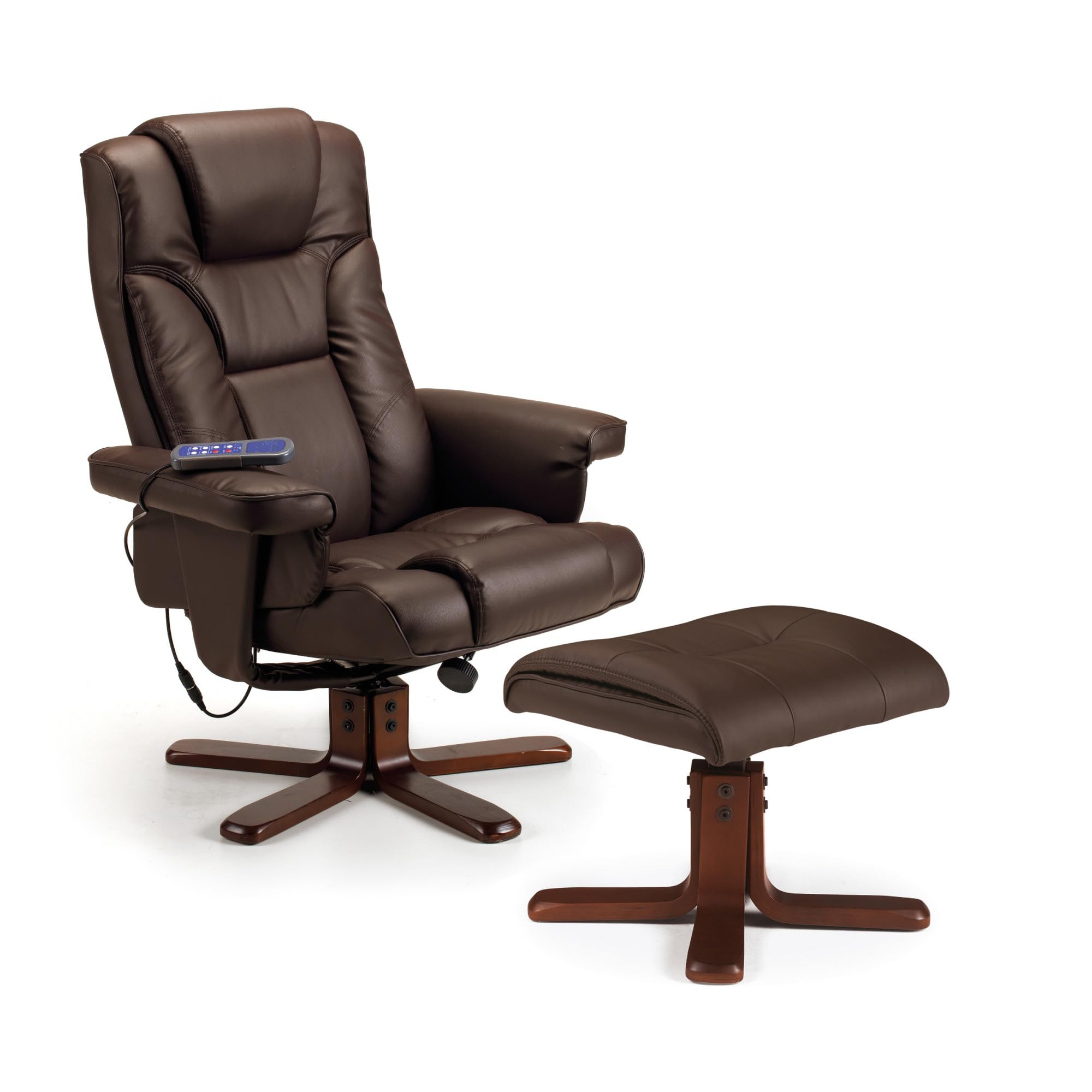 Julian Bowen Malmo Massage Recliner & Stool, Brown - H105 x W82cm | Massage Chair & Stool, Heated Lumbar Support, Reclining & Swivel, Upholstered, Brown Faux Leather, Dark Wood Rubberwood Leg