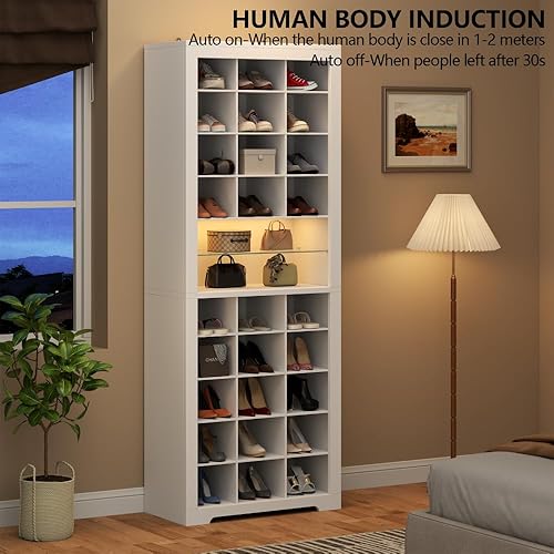 Miniatura 5 de Armario de almacenamiento de zapatos de 11 niveles, zapatero de madera blanco con 27 cubículos, organizador de zapatos de pie de 69 pulgadas de alto