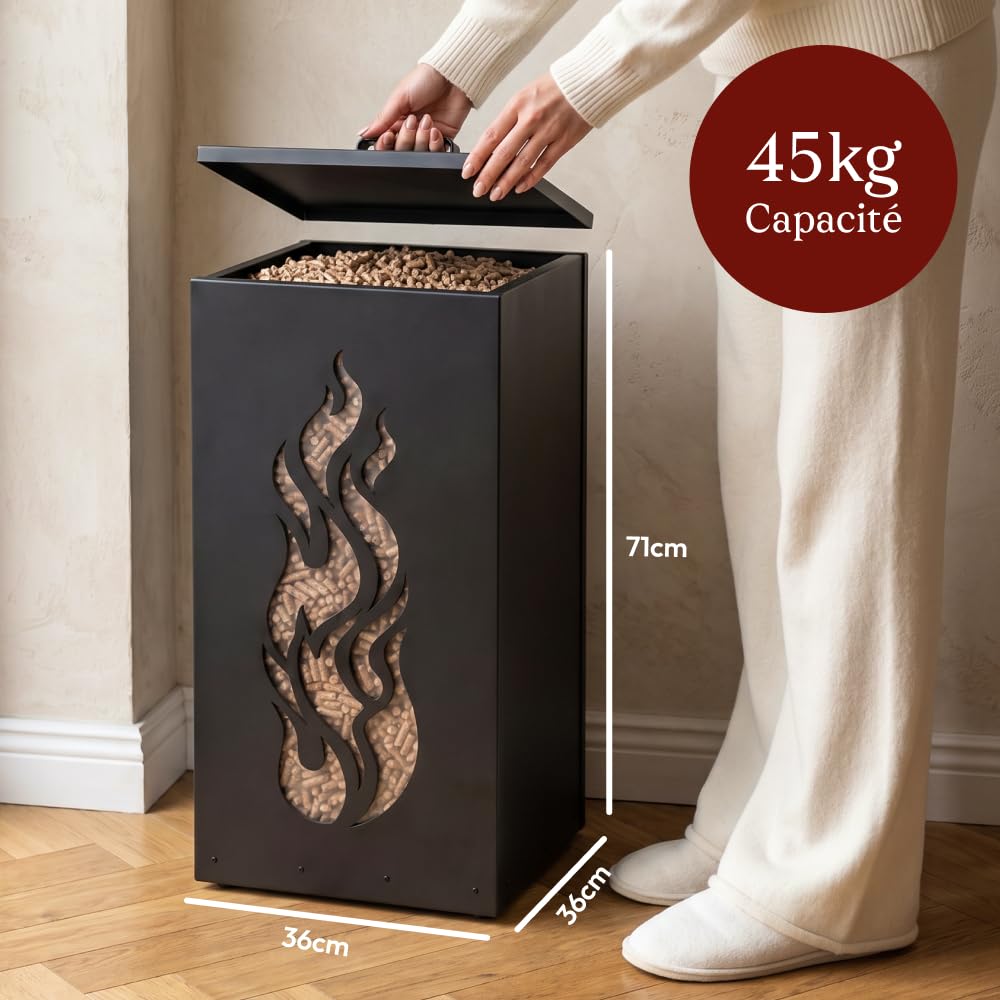 CASABEL Réservoir Pellets & Granulés avec Roulettes, Cap.45kg, Motif Flamme