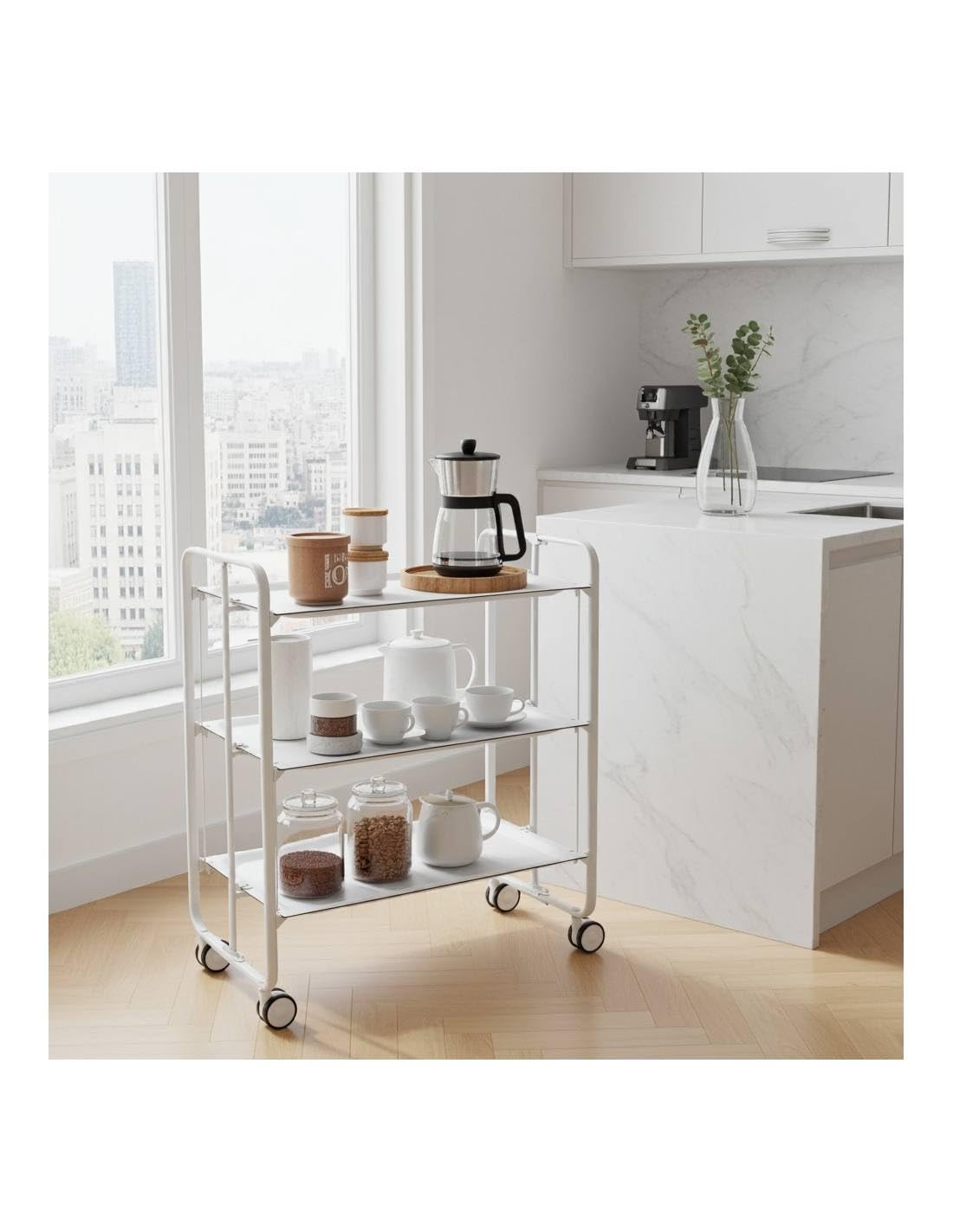 DON HIERRO - Carrito auxiliar con ruedas BAUHAUS, armazón metálico color blanco, 3 bandejas-Blanco