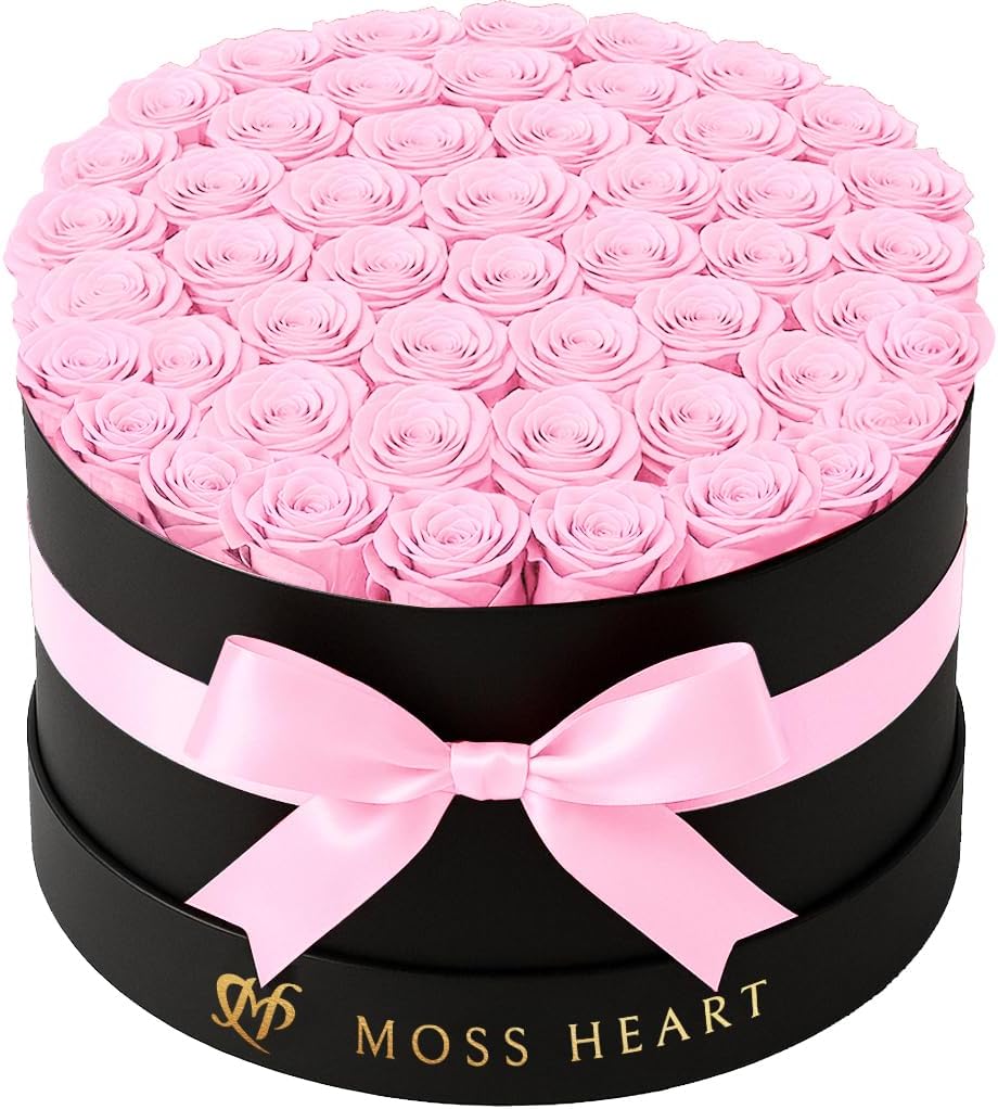 50 Preserved Roses, Forever Flowers for Delivery in Designer Round-Shaped Box, Petite Long-Lasting Buds, for Women, Eternal Rose Bouquet for Mothers Day, Girlfriend's Birthday