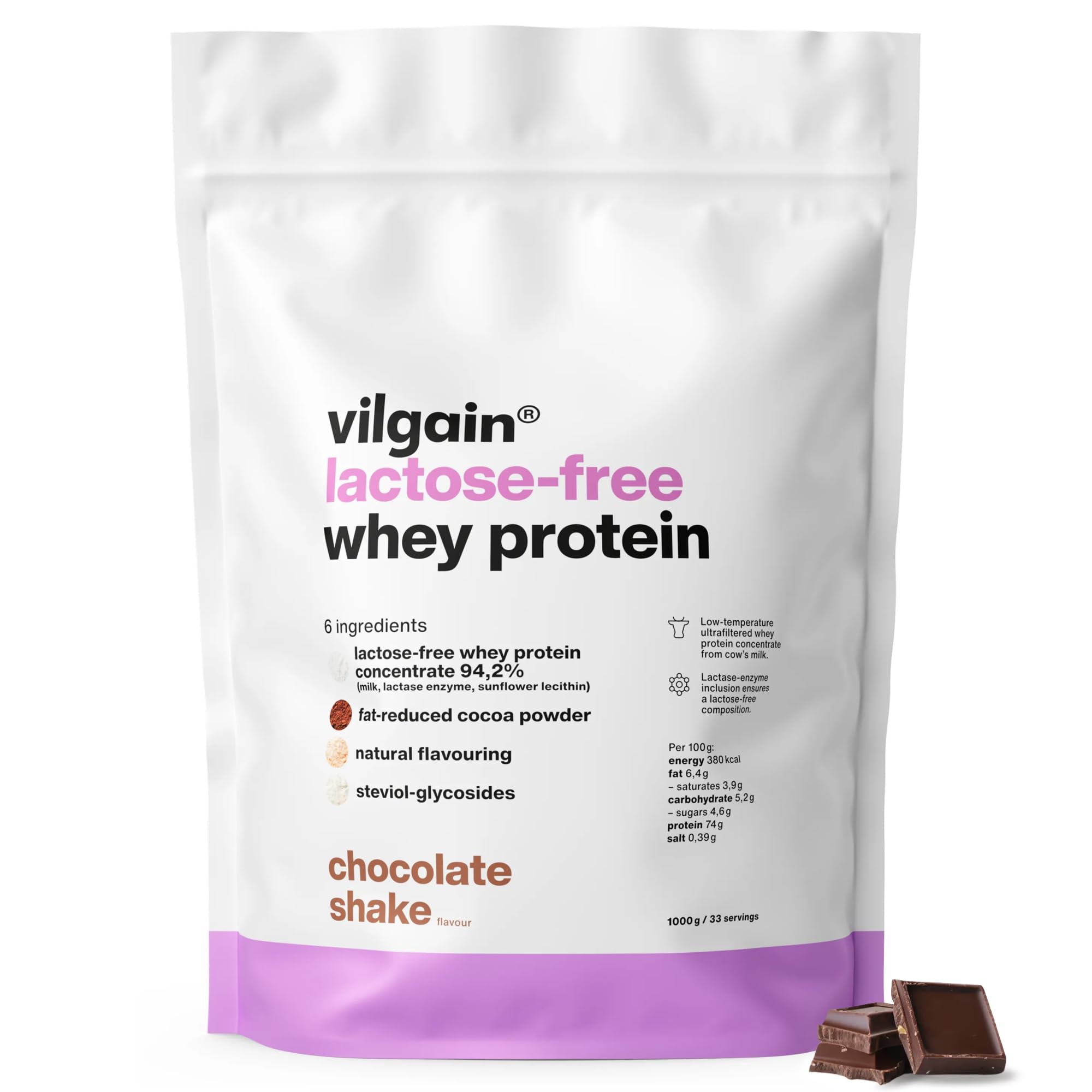 Vilgain Lactose Free Whey Protein Powder Chocolate Shake 1000g | 75% Protein | Low Temp Ultrafiltered Whey Concentrate | Stevia Sweetened | 22g Protein Per Serving | High BCAA Content