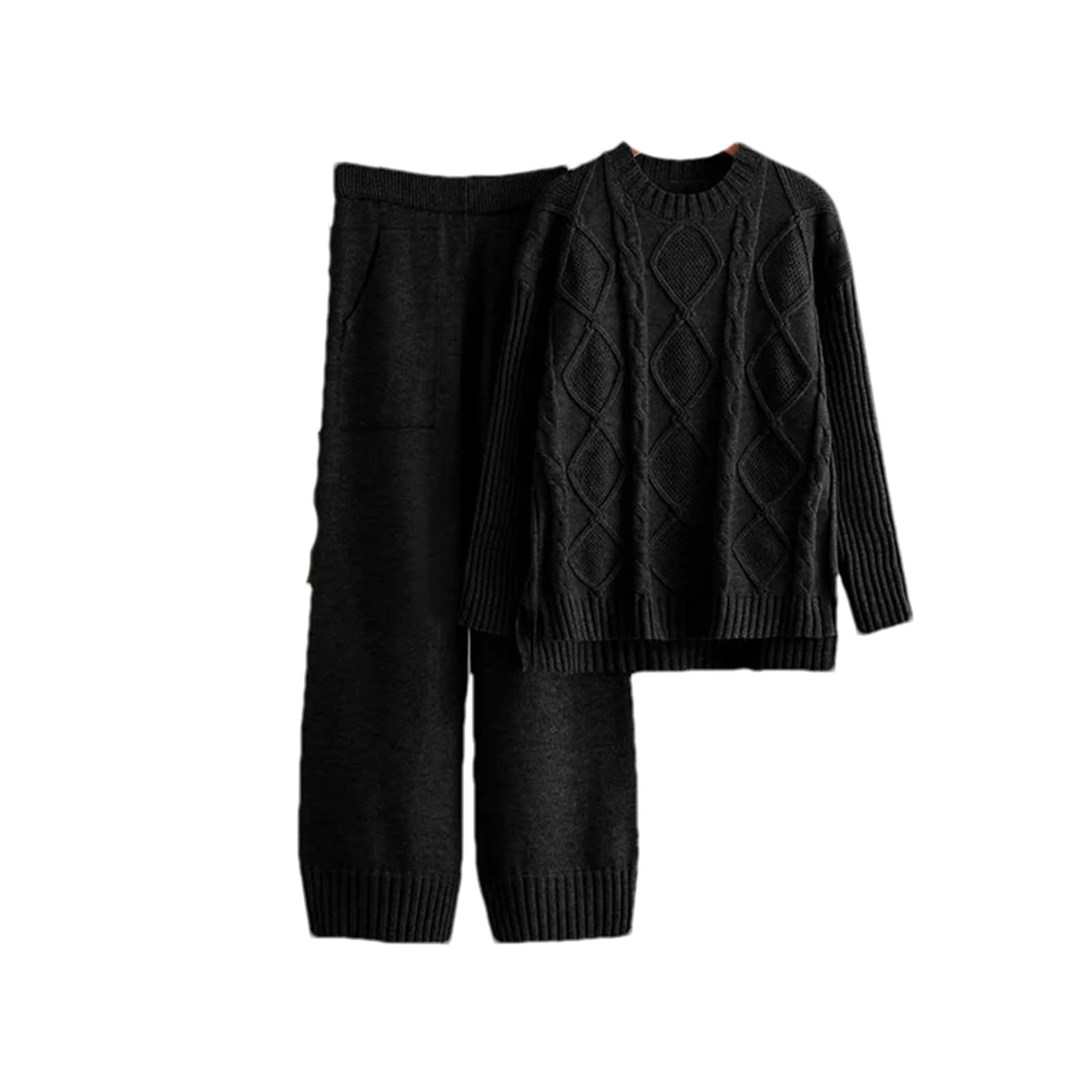 Maglia da donna con motivo a treccia, due pezzi con pantaloni a girocollo e pantaloni in maglia con elastico in vita, abbigliamento autunno/inverno