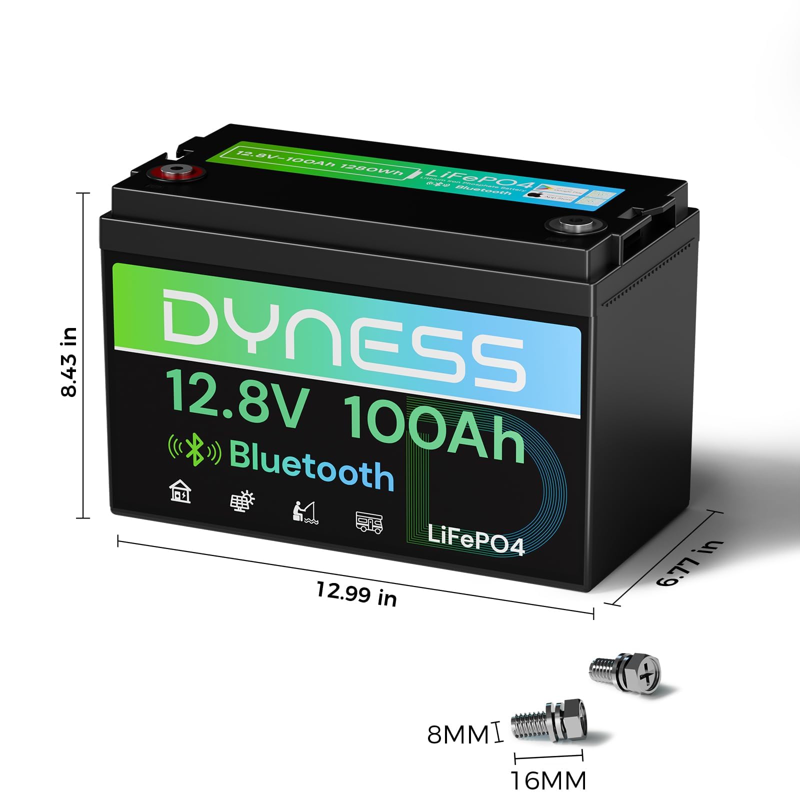 Dyness Batterie Lithium 12V 100Ah Bluetooth - Batterie LiFePO4 avec BMS 100A pour Camping-Car, Van, Bateau et Système Solaire - Accumulateur Deep Cycle