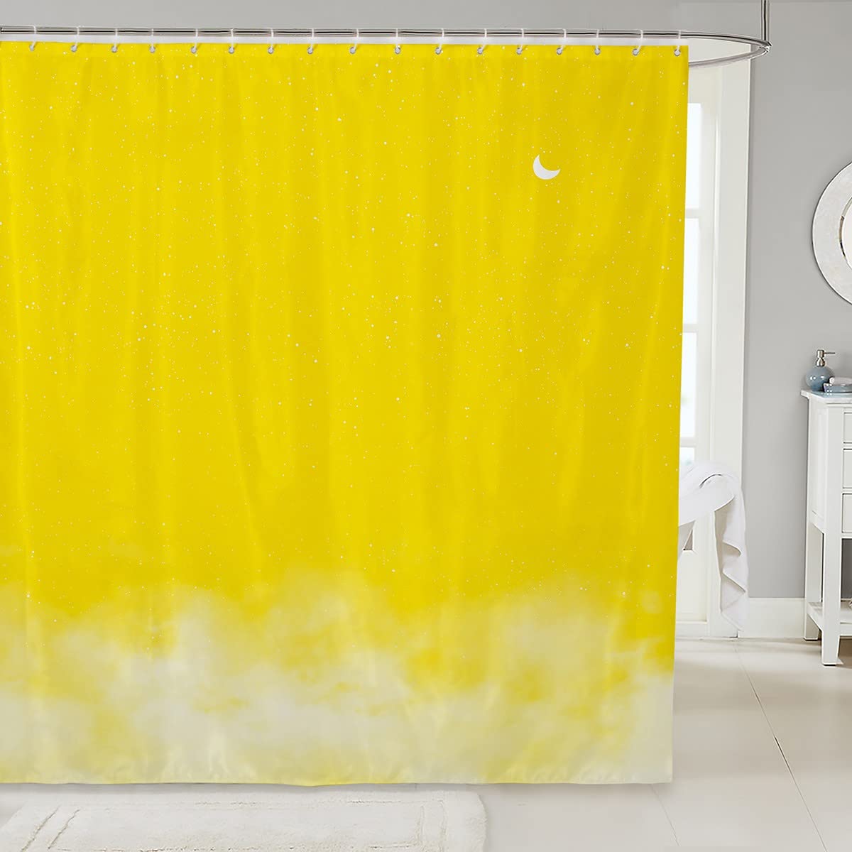 Loussiesd Shiny Star Bath Curtain Moon Star Sky Shower Curtain Gradient Yellow White Bathroom Fabric for Teens Stalls Bathtubs Romantic Style Waterproof Curtains 72x84 Inch