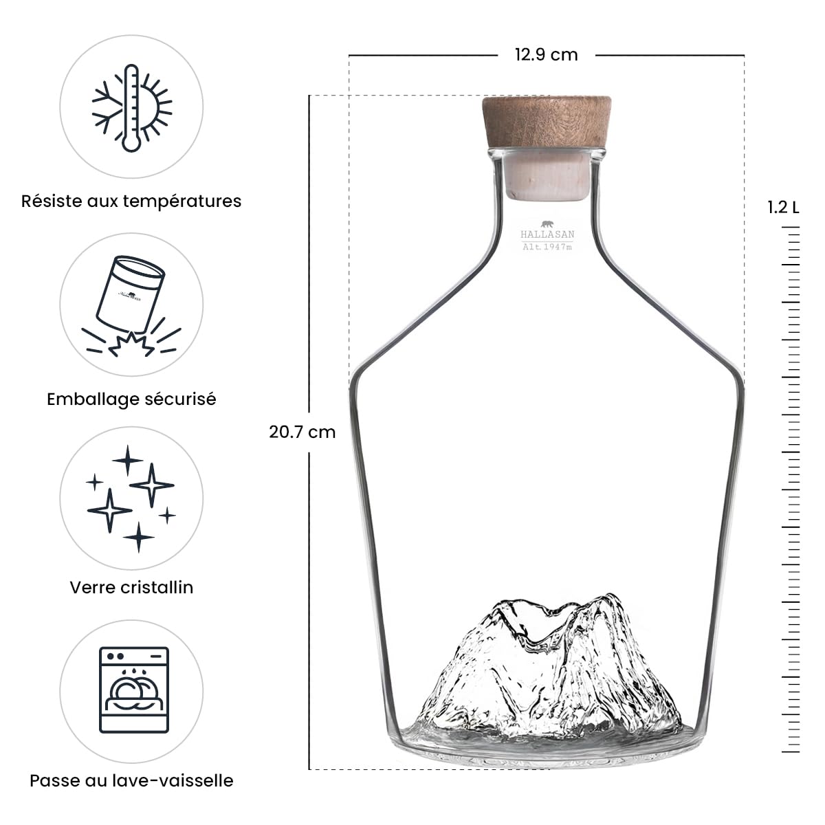 Jarra para licores 1,2L – Vidrio borosilicato soplado artesanalmente con montaña en relieve 3D | Tapón de madera y corcho, diseño premium | TOPOGRAPHIC (Hallasan)