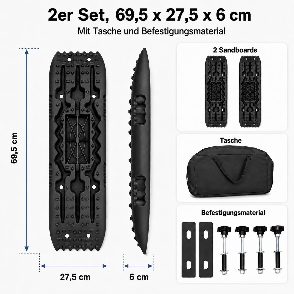 Sandbleche 2er Set Schwarz, Offroad Anfahrhilfe bis 10 t pro Paar für Wohnmobil, SUV, 4x4, Van & Camping, 69,5 x 27,5 x 6 cm, Recovery Boards & Sandboards mit Tasche