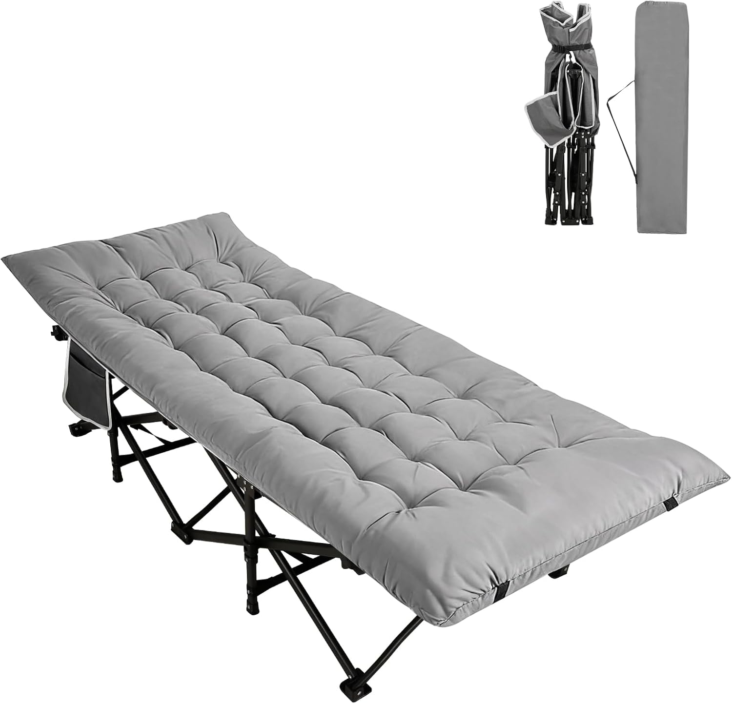 Northroad Camping Cot for Adults with Cushion and Pillow, Portable Folding Bed for Sleeping, Lightweight Tent cot with Carry Bag Supports 450 lbs (Grey)