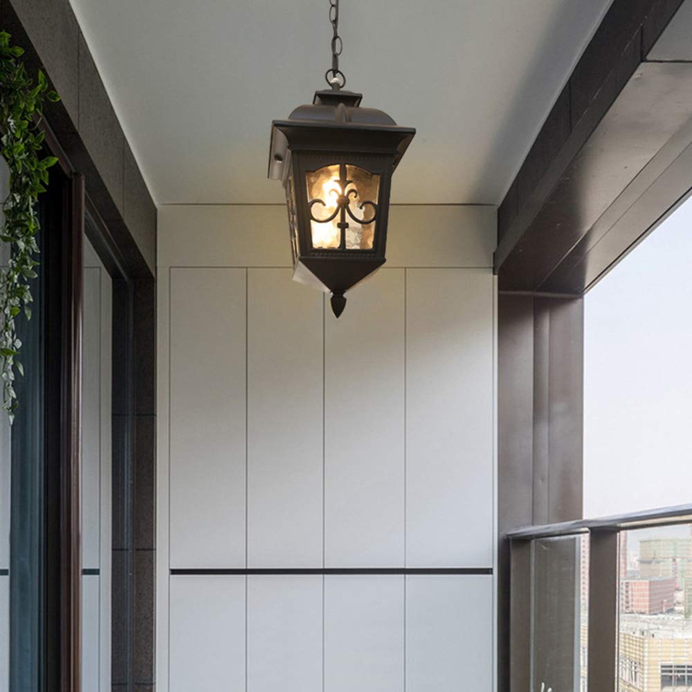 Mengjay E27 Lámparas colgantes para exteriores Negro Retro IP44 Vintage Industrial Hierro Iluminación de techo A prueba de lluvia Impermeable Pabellón Villa Loft Araña Luz exterior (J)