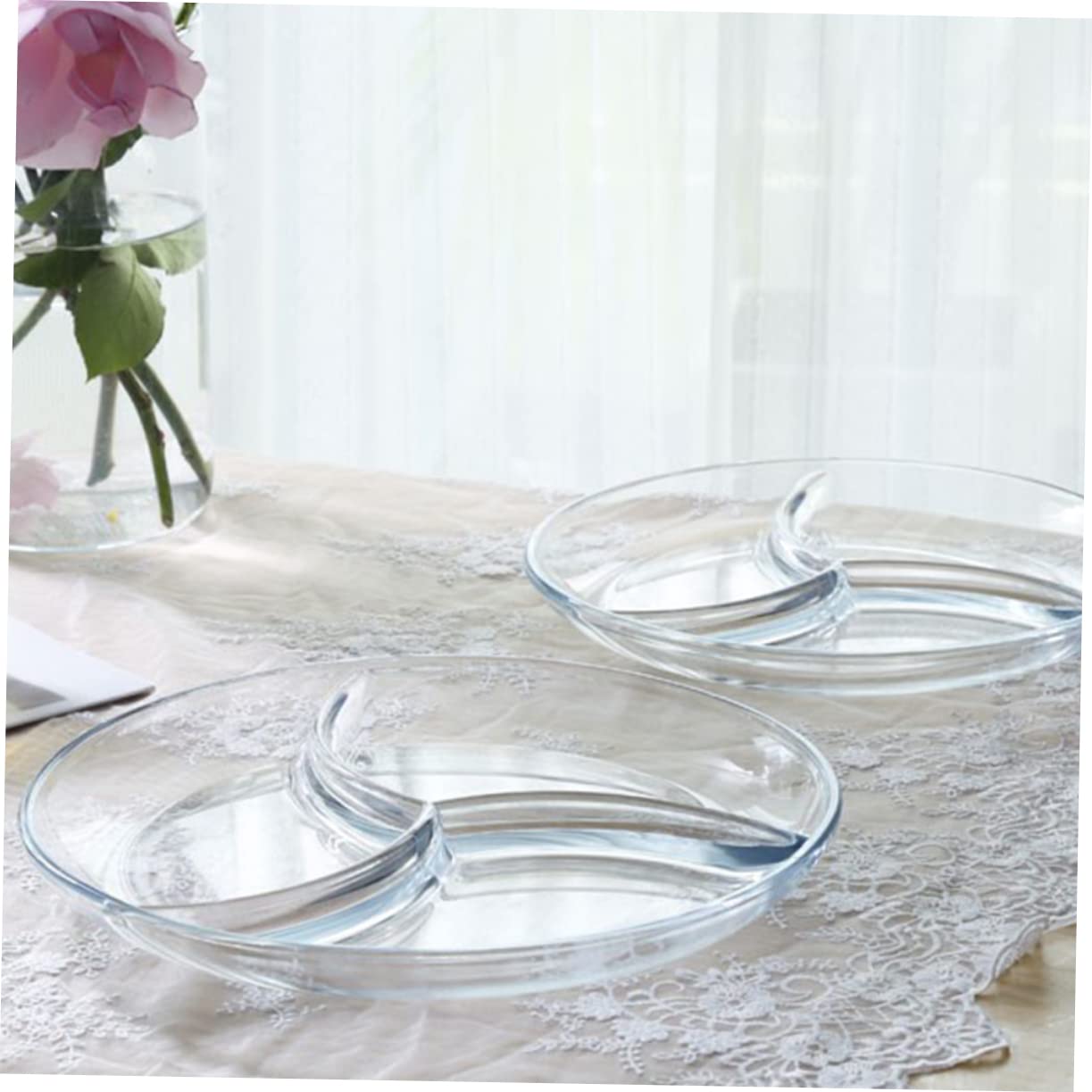 Mikinona Plat Divisé Plateau à Collation en Verre Trempé 3 Compartiments pour Réchauffer les Aliments, Séparation des Portions, Repas en Famille