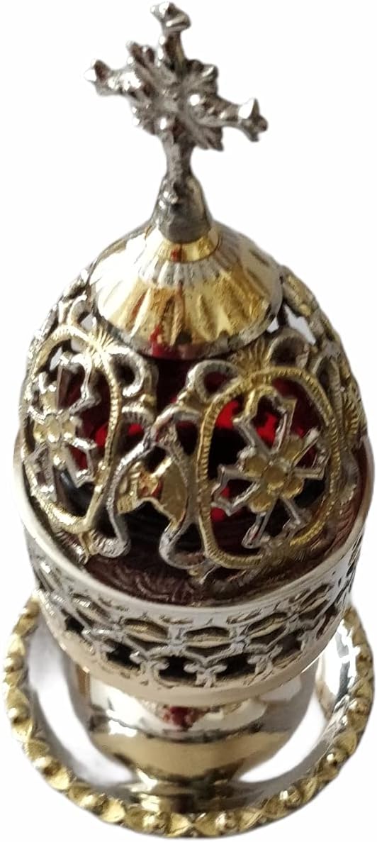 Engraved Two Tone Brass Vigil Lamp with Holy Theotokos (9580 GN)