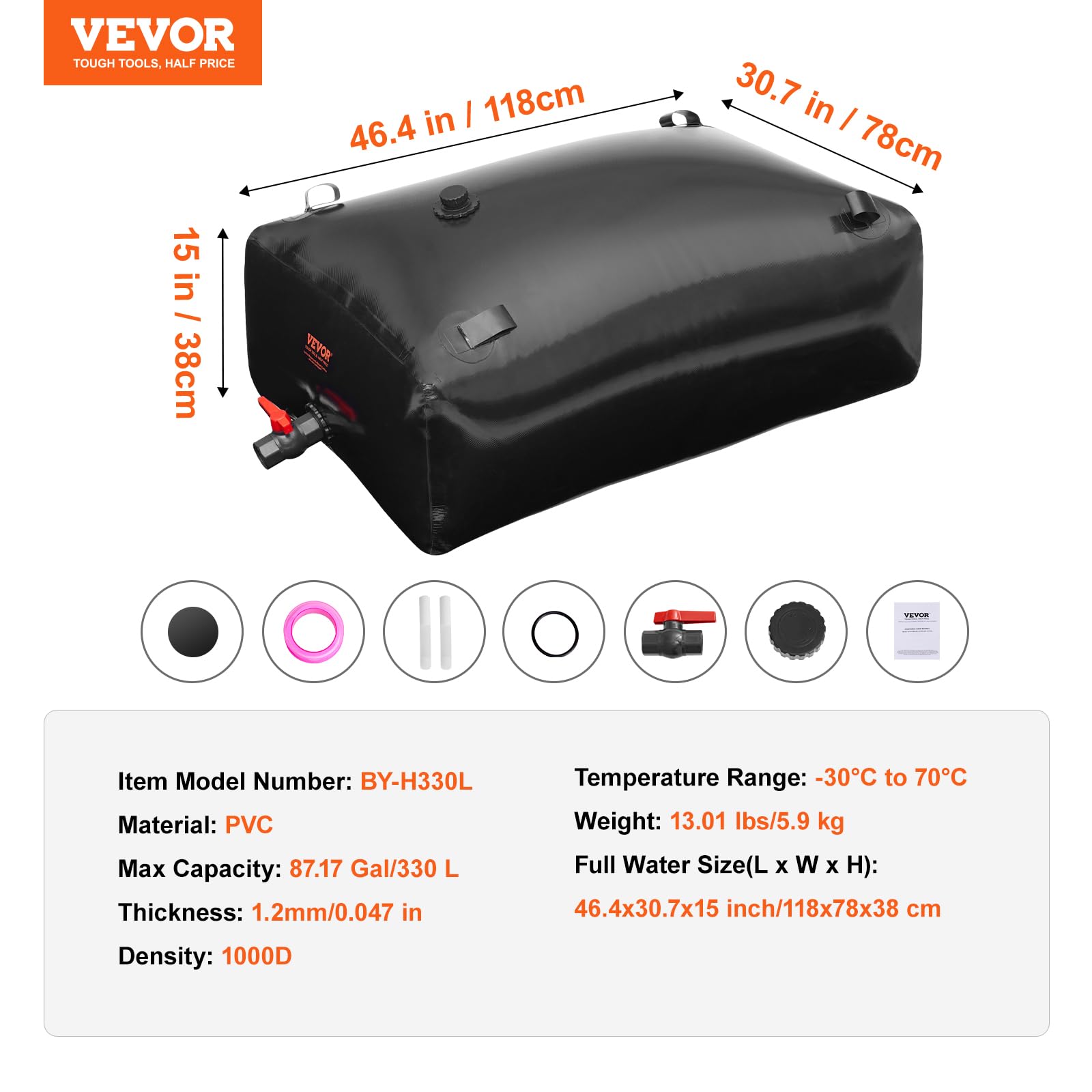 VEVOR Wasserblasen Aufbewahrungsbehälter 330 L, Wohnmobil-Wassertank, 1000D PVC faltbare Wasserspeicherbehälter, weicher Wasserbeutel, tragbare Wasserblase, Brandschutz, Camping, Notfall, Schwarz