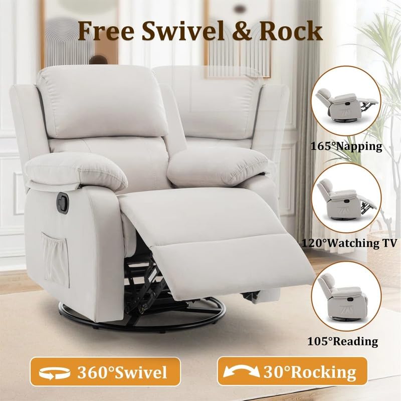 Image of Recliner Chair,Manual Recliner, 360 Swivel Recliners for Small Spaces,Rocker Recliner with Side Pockets Chairs for Living Room, Bedroom, Nursery, Beige