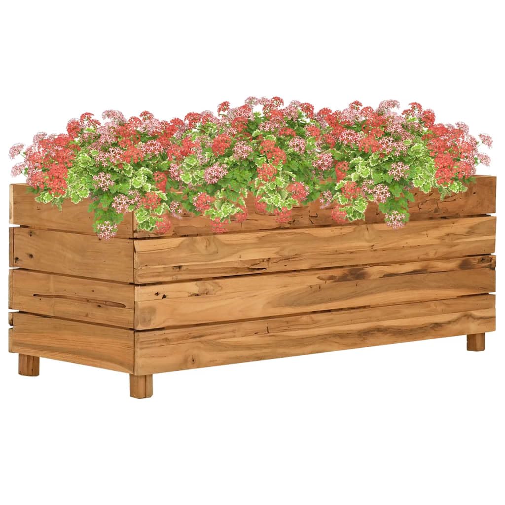 Podwyższona grządka z drewna tekowego, 100 x 40 x 38 cm, ze stalowym stelażem, do ogrodu, na balkon i taras, wytrzymała donica na kwiaty, zioła, sukulenty, storczyki, bonsai i wiele innych